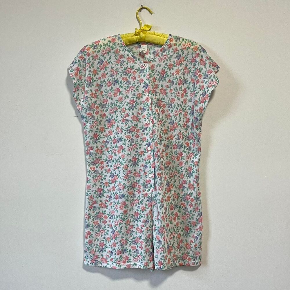 Vintage 80s Womens White Pink Floral Playsuit Romper Sleep Pajama Cotton Poly L
